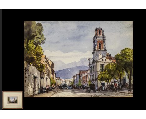 Gabrielle Carelli - Italian Listed Artist 1821-1900, Watercolour of Street Scene in Spanish Town, circa 1880s.  Signed by art