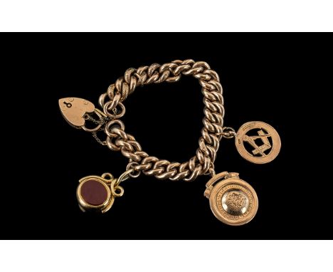 Antique Period Attractive 9ct Gold Fancy Curb Bracelet with attached 9ct gold, stone set, swivel fob, Masonic medal and padlo