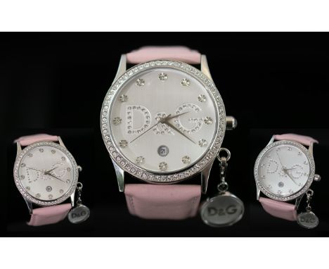 Dolce &amp; Gabbana 'Time' Ladies Stainless Steel Wrist Watch with crystal set bezel and markers, with date display, pearl co