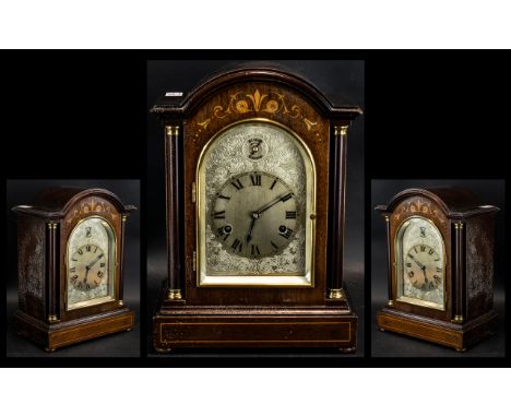 A 20th Century Mantle Clock, mahogany cased with inlay work, silvered dial with Roman numerals, striking on a gong, makers Ha