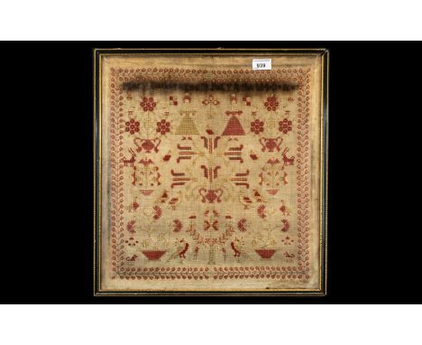 Early Victorian Sampler, dated 1840, decorated with birds, animals and ladies in period dress; 19.5 inches x 18.5 inches