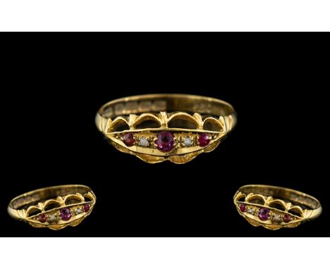 Antique Period Petite 18ct Gold Ruby and Diamond Set Dress Ring, full hallmark for 18ct, ring size N; the shank and setting i