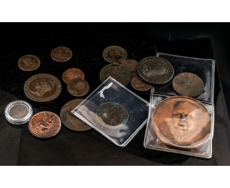 A Collection of 17 Mixed British Copper Coins and Medallions. consisting of 6 Charles 2nd farthings,1799.Britannia halfpenny 