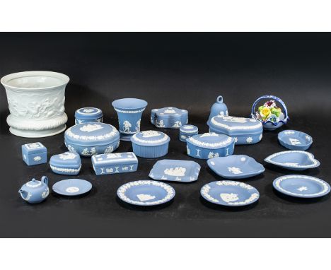 Collection of Wedgwood Blue Jasperware, comprising trinket boxes of assorted shapes, ten in total, and a collection of pin di