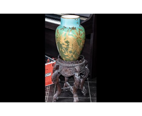 An Anglo Indian Carved Wooden Jardiniere, with carved elephant heads and foliage throughout.  Height 20".  Supporting a large