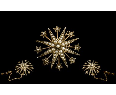 Antique Period - Attractive 9ct Gold Seed Pearl Set Star burst Brooch with Safety Chain, Pleasing Design. Hallmark Chester 19