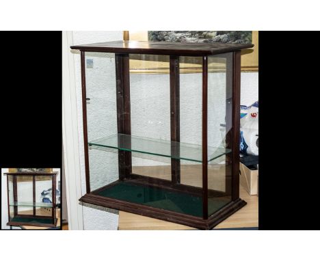 Early 20th Century Table Top Display Cabinet, wooden shop cabinet with sliding glass panels to back, glass shelf and green li