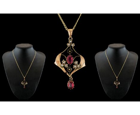Edwardian Period - Attractive 9ct Gold Fire Garnet and Seed Pearl Set Open worked Pendant Drop, With 9ct Gold Chain. Both Mar