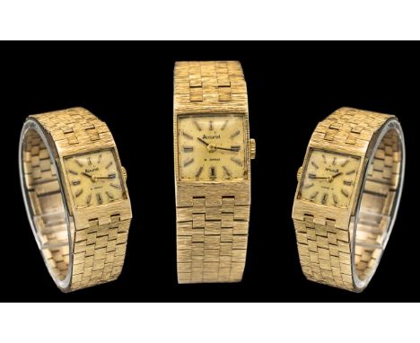 Ladies 9ct Gold Accurist Wristwatch Gilt Dial and Baton Numerals, Manual Wind, Bark Effect Bracelet, Fully Hallmarked. Gross 