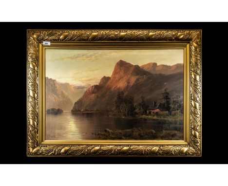Victorian Oil on Canvas depicting mountainous landscape and cottage. Housed in an Art Nouveau swept frame.  Measures 29" x 19