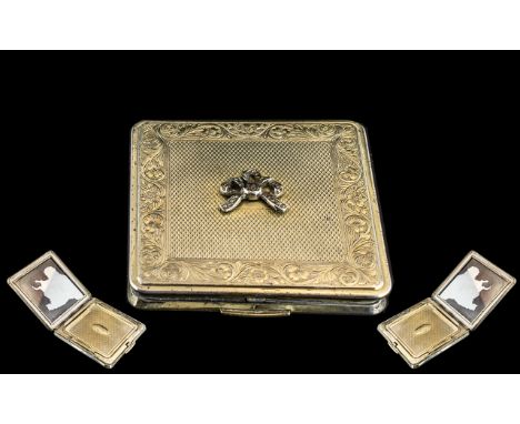 Vintage Kigu Sterling Silver 1950s Compact Mirror, set with marcasite bow to lid, mirror needs replacing. Some original powde