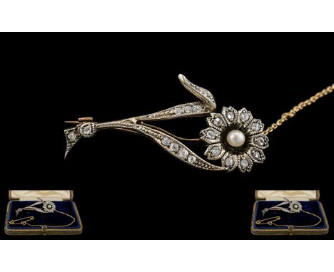 Antique Period - Attractive 15ct Gold and Platinum Diamond and Pearl Set Brooch, In the Form of a Sunflower with Long Safety 