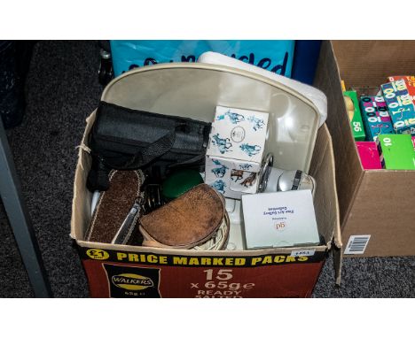 A Mixed Box of Collectibles, to include an Art Deco Teasmade, an alarm clock, two pairs of binoculars, cabinet plates, shaver