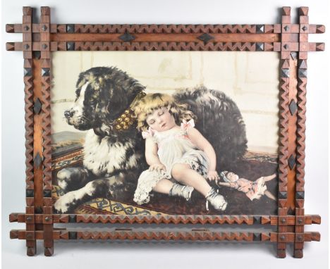 An American 'Tramp Art' Frame Housing Print "Companions", Subject 64x46cm