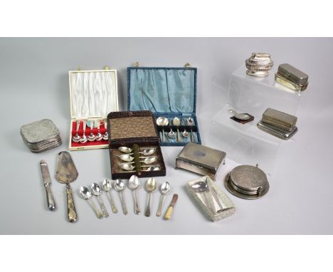 A Collection of Silver Plate to Comprise Table Coasters, Cased Cutlery, Table Lighter etc