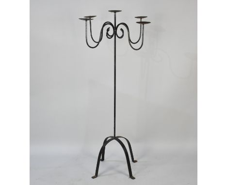 A Wrought Iron Five Branch Floor Candelabra, 122cm high