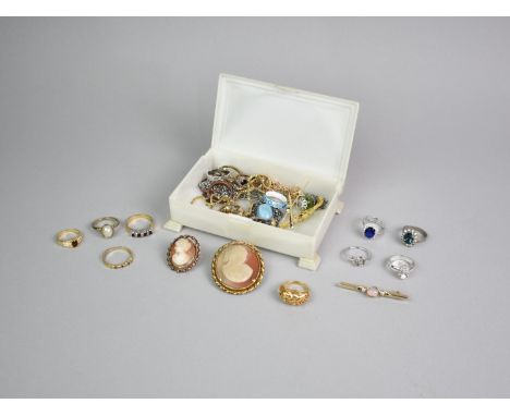 A Collection of Various Costume Jewellery to include Rings, Chains, Brooches Etc in a Vintage Pearlescent Plastic Box