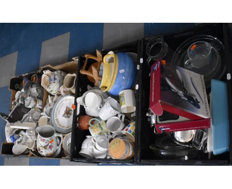 Four Boxes of Various Sundries to Comprise Ceramic Mugs, Bowls, Plates, Glassware, Corkscrew etc