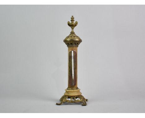 A Late Victorian Gilt Metal and Marble Thermometer with Adam Style Finial, 27cm High
