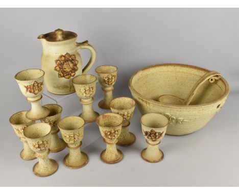 A Collection of Welsh Black Mountain Pottery to Comprise Large Punch Bowl and Ladle, Goblets and Jug