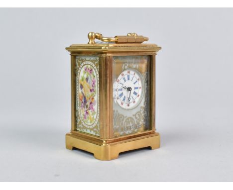 A Miniature Gilt Bronze Cased Sevres Style Carriage Clock with Decorated Panels (No Key but Working Order), 7cm high
