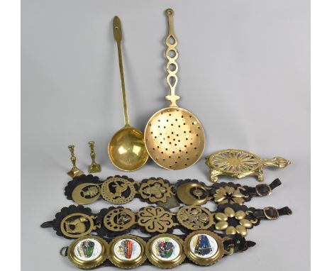 A Collection of Reproduction Horse Brasses on Leather Straps, Reproduction Brass Skimmer and Ladle etc