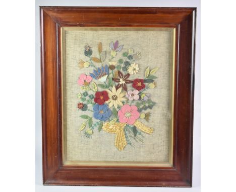 A Mahogany Oval Easel Back Frame Containing Silk and Felt Floral Embroidery, 36 x 47cm