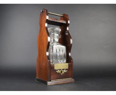 A Modern Mahogany Single Decanter Tantalus with Presentation Plaque Dated 1988, with Key and Working, 36cm High