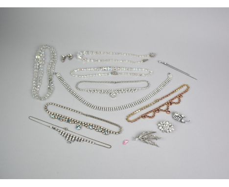 A Collection of Various Vintage Rhinestone and Other Jewelled Necklaces, Simulated Pearl Hatpin Etc