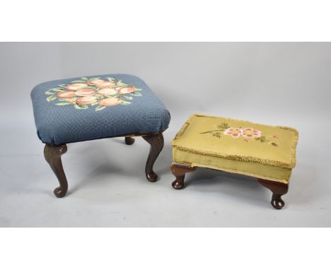 A Tapestry Topped Stool on Short Cabriole Legs with Acanthus Carving, Peach Tapestry Design, 40cm Square Top x 25cm high Toge