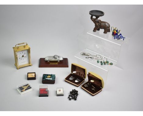 A Collection of Sundries to Include Dinky E-Type Jaguar, Elephant Stand, Carriage Clock, Miniature China, Costume Jewellery