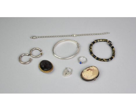 A Collection of Silver and Other Jewellery to Include a Vintage Silver Hinged Bangle, A Silver Lock, A Silver and 'Black Opal