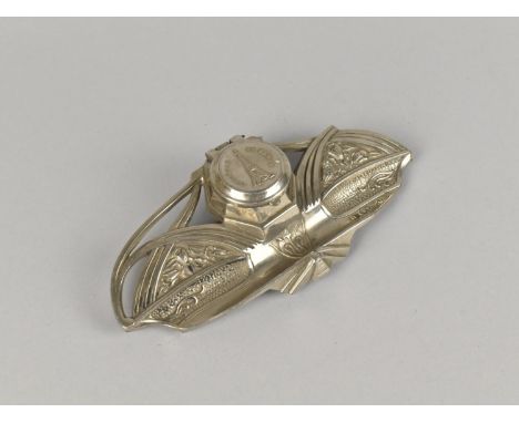 A Vintage Metal Desk Top Inkwell and Pen Rest, Souvenir of Paris, 14.5cm Wide