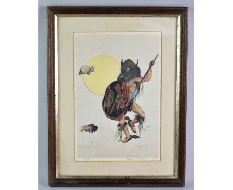 A Framed North American Limited Edition Print, Mandons Buffalo Warrior by Alice Souligny, 184/950, Subject 21x32cm