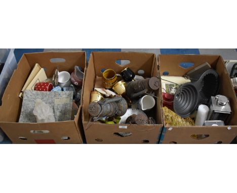 Three Boxes of Various Sundries to Comprise Oil Lamps, Ceramic Mugs, Lanterns, Wade Bell Decanters etc