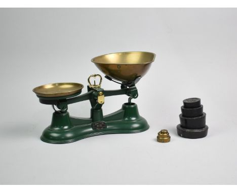A Modern Green Enamelled Kitchen Scales with Weights and Brass Pans