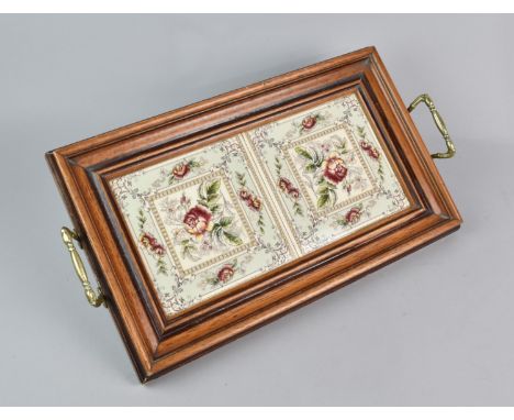 A Mid / Late 20th Century Tile Based Rectangular Tray with Brass Handles, 40cm Long