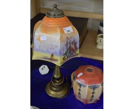Brass based table lamp with coloured glass shade together with a further coloured ceiling light shade