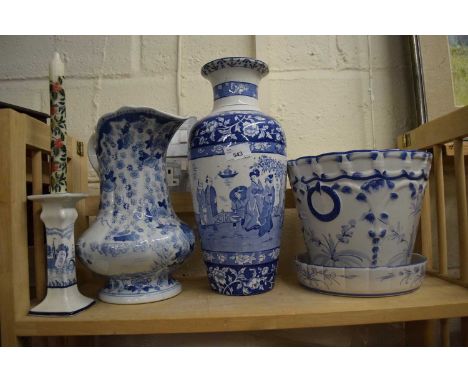 Mixed Lot: Modern blue and white vase, jardiniere, jug and candlestick