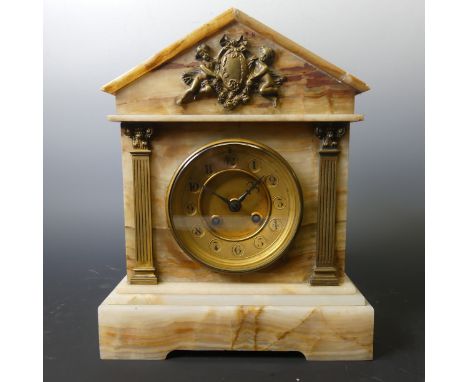 A Victorian onyx and gilt-metal Mantle Clock, of architectural form, 30cm high x 24cm wide, together with a continental regul