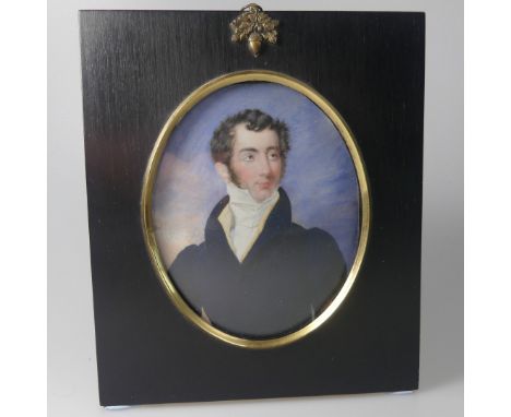 Circle of Alfred Edward Chalon, RA (British, 1780-1860), Portrait Miniature of a Gentleman wearing navy coat, white chemise a