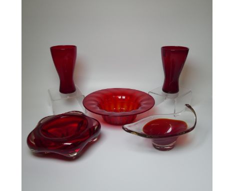 A near pair of Whitefriars glass Goblets, of ruby red colour, one with original sticker, H 18cm, together with ruby glass Fru