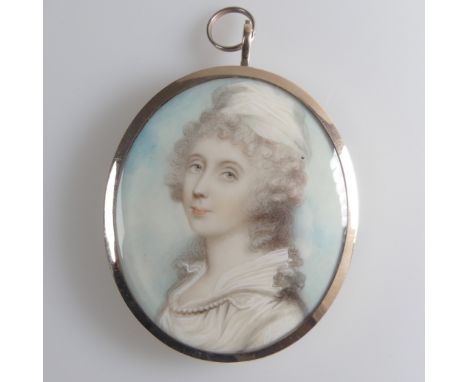 Andrew Plimer (British, 1763-1837), Portrait Miniature of a Lady in white dress with frilled collar drawn with a strand of pe