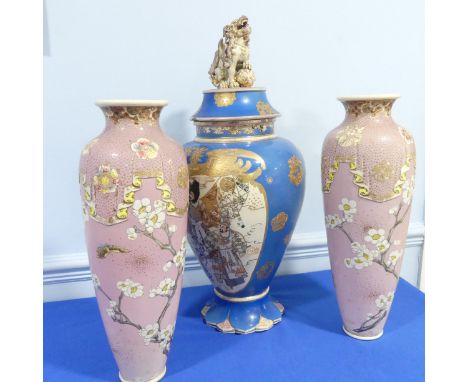 A pair of large 20thC Japanase Satsuma Vases, of pink ground with blossoming prunus decoration, H 47cm, together with a large