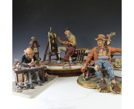 A 'Leonardo Da Vinci' Capodimonte&nbsp;figure, together with Capodimonte 'Seated Clock Maker' and 'Tramp on Bench' (3)