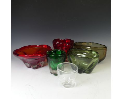 A large Whitefriars glass lobed Fruit Bowl, in ruby red colour, together with large ruby red lobed Vase, a smaller lobed mead