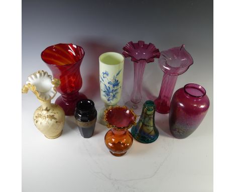 A Loetz style studio glass Vase, of pink colour, together with another Loetz type glass Vase, a Moser glass Vase with gilt ba