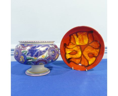 A Poole Pottery pedestal Bowl, in bluebird pattern, H 14cm, together with a retro Poole Pottery Plate of molten red ground an
