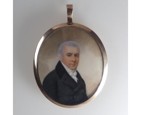 Roger Jean (British, 1783-1828), Portrait Miniature of a Gentleman wearing a black coat and knotted cravat, watercolour on iv