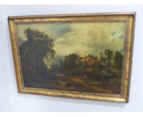After John Constable (1776-1837), The Glebe Farm, oil on canvas, signed 'J.C. Sayer after J. Constable', 64cm x 96cm, some da